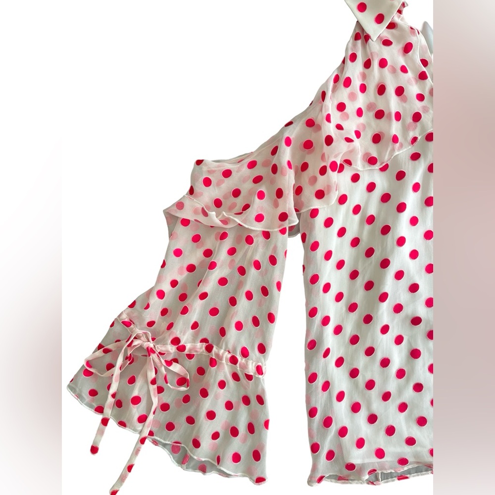 Alice + Olivia Blayne Cold Shoulder Ruffle Blouse Sz S Pink Polka Dot - Picture 5 of 5